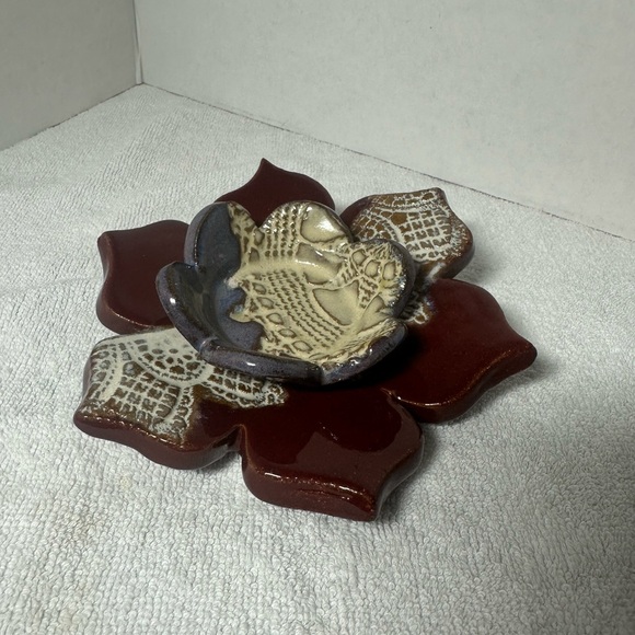 Other - Two Handmade Ceramic Trinket Dishes. Red/Lavender with White Lace Detailing.